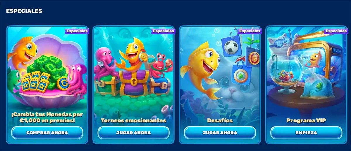Special promotions section (Spanish localisation) with underwater-themed cards featuring a cartoon fish mascot, highlighting offers like exchanging coins for rewards, torneos emocionantes (tournaments), desafíos (challenges), and a programa VIP, each with CTA buttons such as “Comprar ahora,” “Jugar ahora,” and “Empieza”