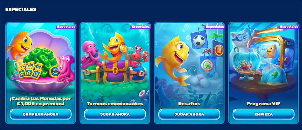 Special promotions section (Spanish localisation) with underwater-themed cards featuring a cartoon fish mascot, highlighting offers like exchanging coins for rewards, torneos emocionantes (tournaments), desafíos (challenges), and a programa VIP, each with CTA buttons such as “Comprar ahora,” “Jugar ahora,” and “Empieza”