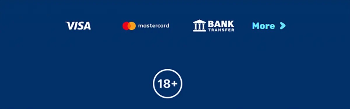 Footer payment section with Visa, Mastercard, and bank transfer icons, plus a “More” option for additional methods, and a centered 18+ age restriction badge on a blue background