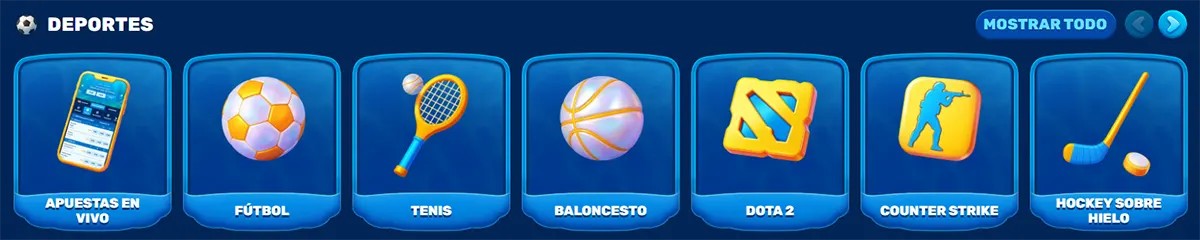 Sports section (Spanish localisation) displaying category tiles for Apuestas en vivo (live betting), Fútbol, Tenis, Baloncesto, Dota 2, Counter-Strike, and Hockey sobre hielo, each represented by a clean icon, with a “Mostrar todo” (Show All) option for more categories