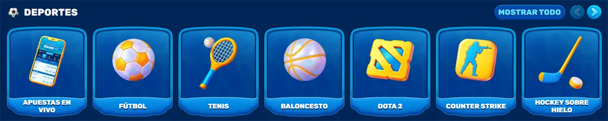 Sports section (Spanish localisation) displaying category tiles for Apuestas en vivo (live betting), Fútbol, Tenis, Baloncesto, Dota 2, Counter-Strike, and Hockey sobre hielo, each represented by a clean icon, with a “Mostrar todo” (Show All) option for more categories
